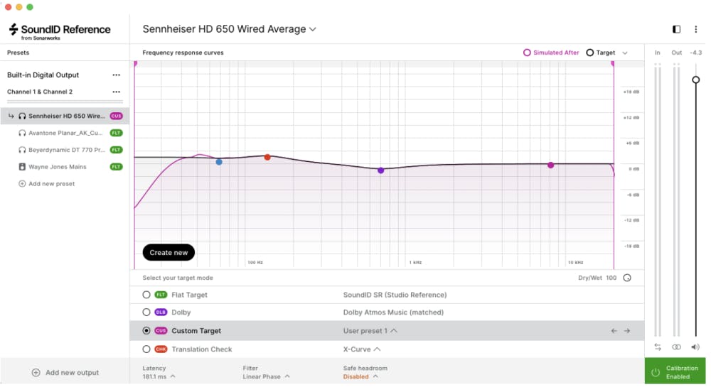 Screenshot of SoundID Reference calibration software showing a custom target for Sennheiser HD 650 wired headphones: a pink frequency‑response curve with control points overlays the target graph, presets are listed on the left, and input/output level meters appear on the right.